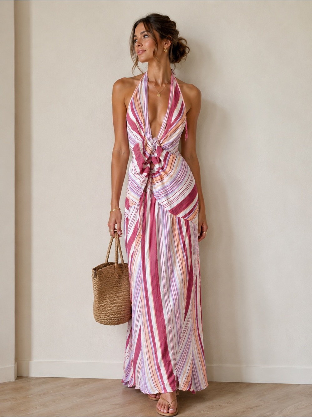 Striped Halter Maxi Dress in Pink